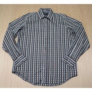 Bugatchi Button Up Shirt Mens M Medium Brown Gingham Cotton Flip Cuff